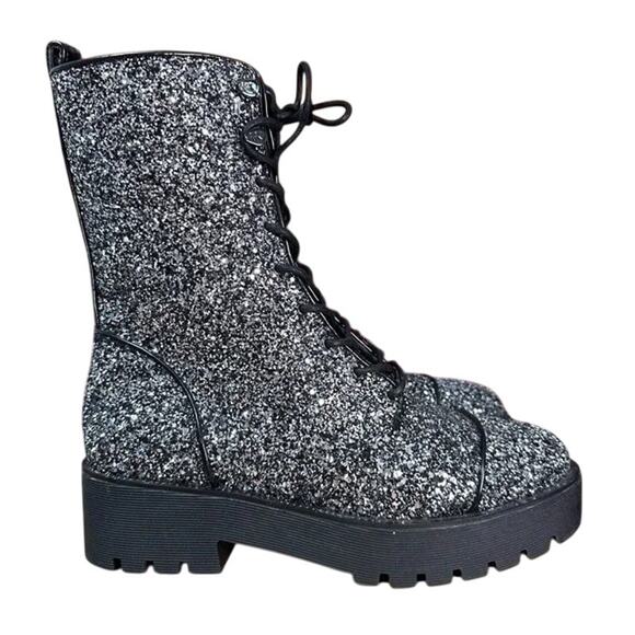 Michael Kors Bryce Lug Sole Platform Combat Boot Black/Silver Glitter - Picture 3 of 4